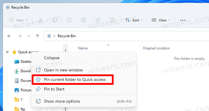 Pin Recycle Bin To Quick Access From Right Click Menu