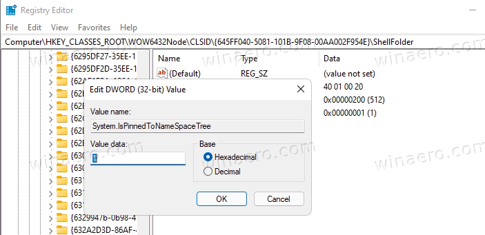 The System.IsPinnedToNameSpaceTree Value For Recycle Bin Key