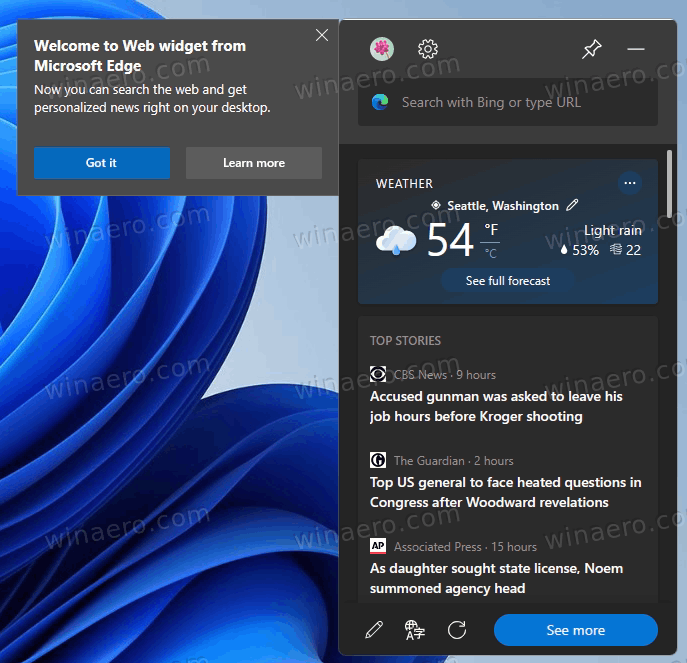 Web Widget Current Look Windows 11