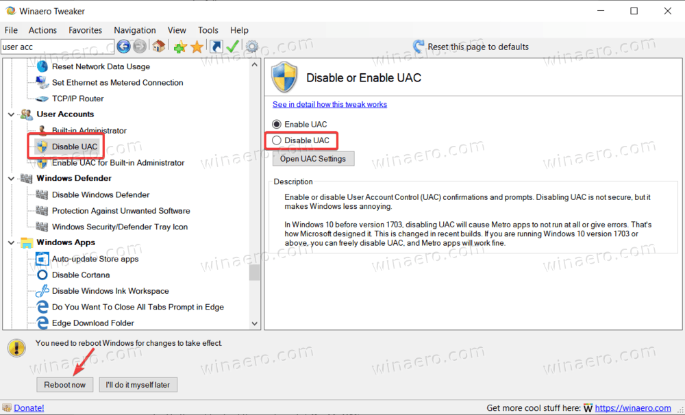 Winaero Tweaker отключить UAC в Windows 11