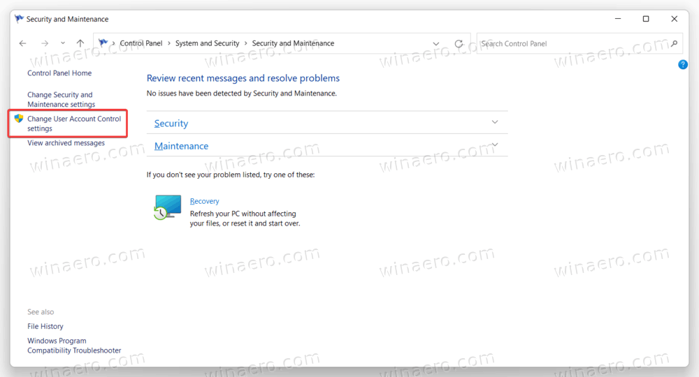 Ссылка на изменение параметров управления учетными записями пользователей в Windows 11