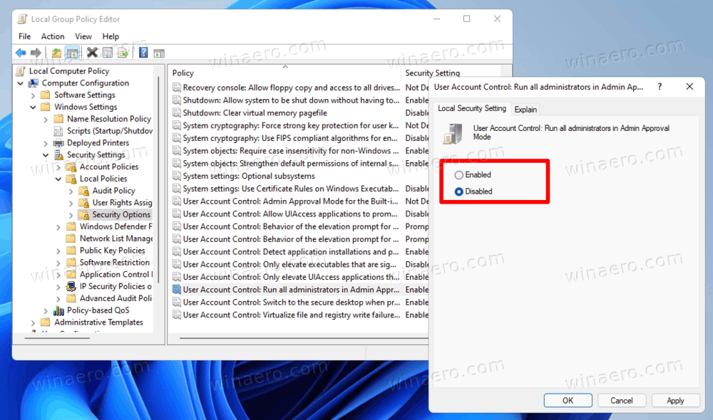 Windows 11 Отключить контроль учетных записей пользователей в групповой политике
