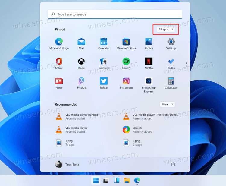Windows 11 Start Menu All Apps Item