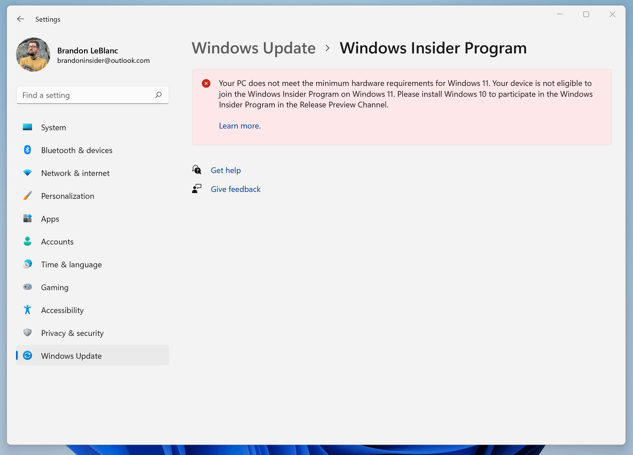 Windows 11 Настройки уведомления об исключении Центра обновления Windows