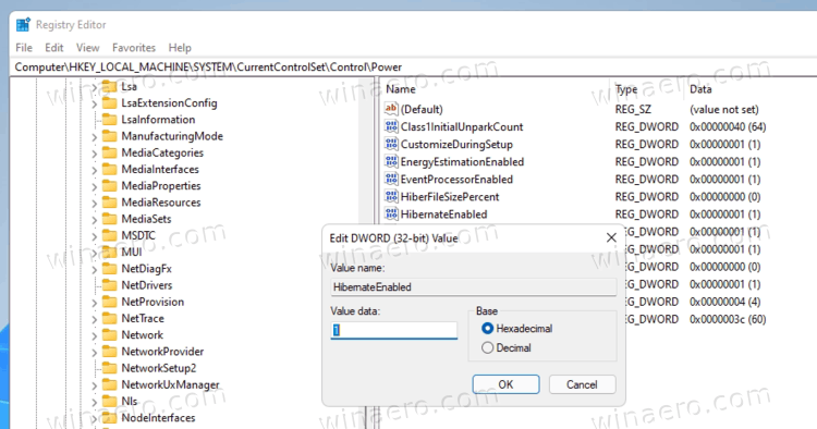 Windows 11 Enable Hibernation In The Registry