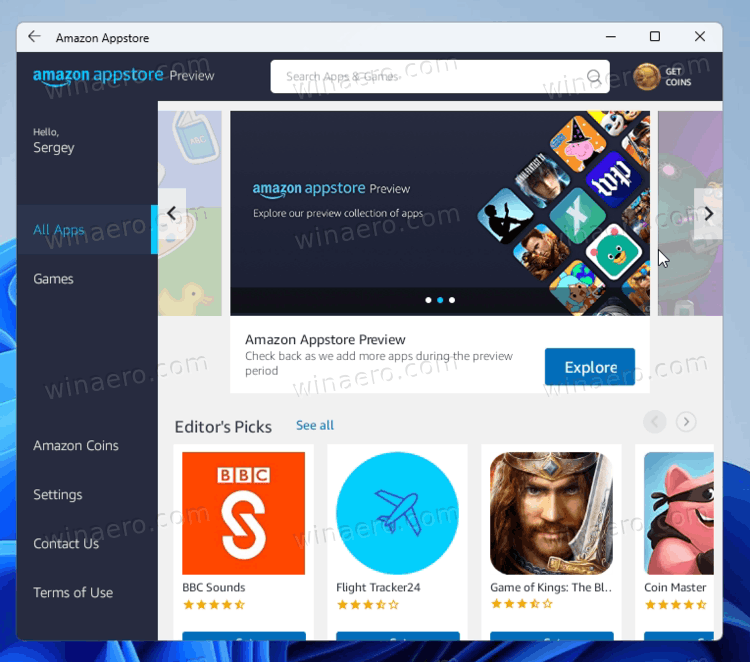 Amazon Store в Windows 11 для установки приложений для Android