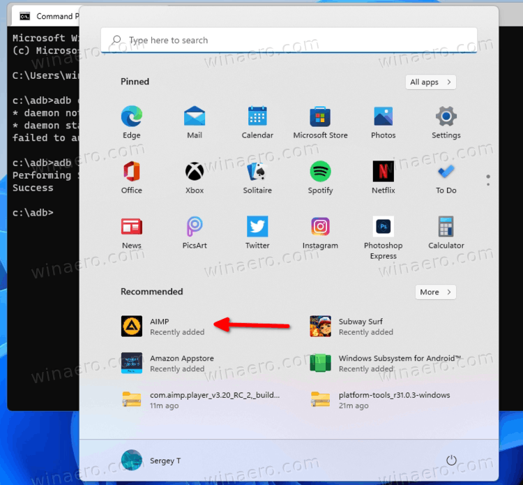 Android App Sideloaded On Windows 11 in the Start menu
