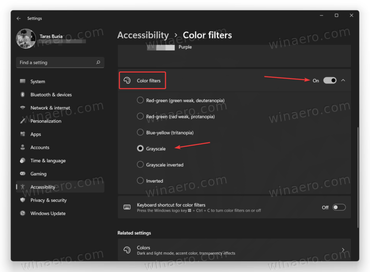 Windows 11 enable color filters and select the filter