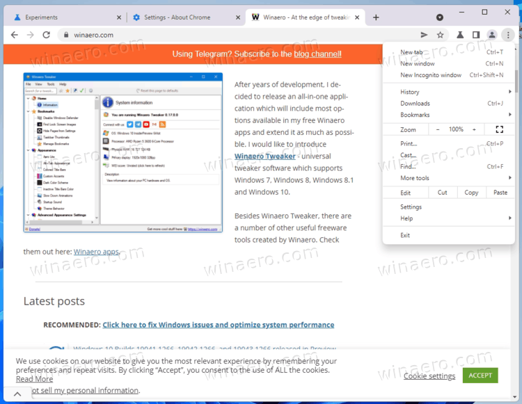 Google Chrome Windows 11 Style Main Menu