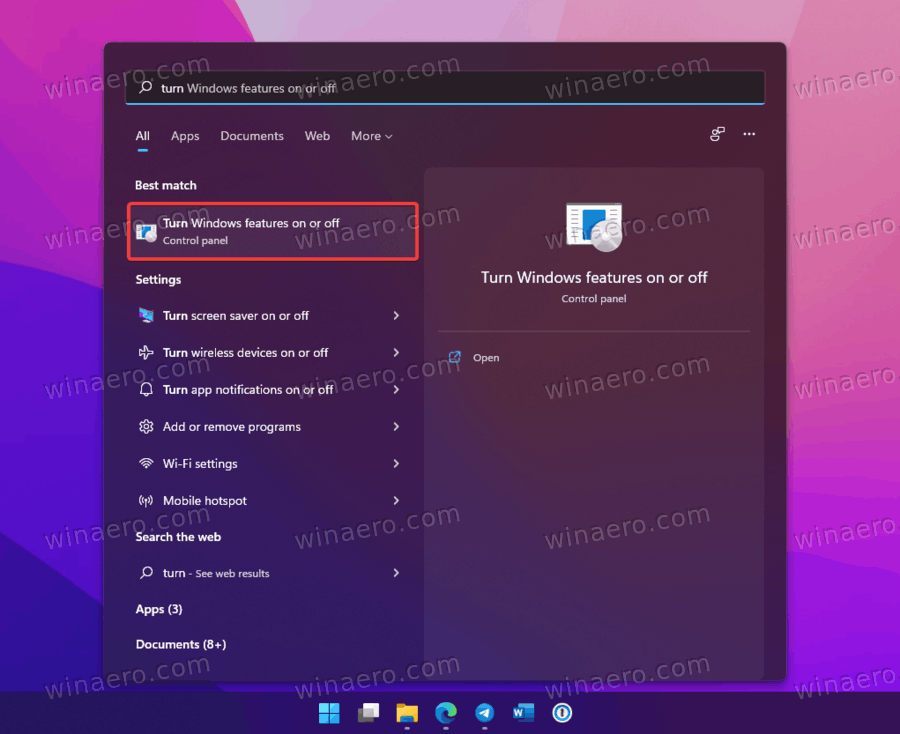 Search for Turn Windows features on or off