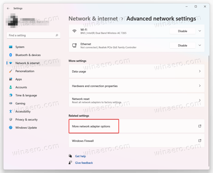 More Network Adapter Options Link