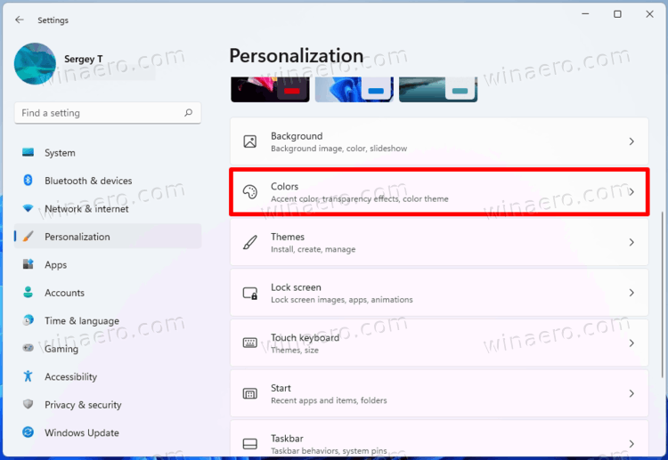 Personalization Colors Button In Settings