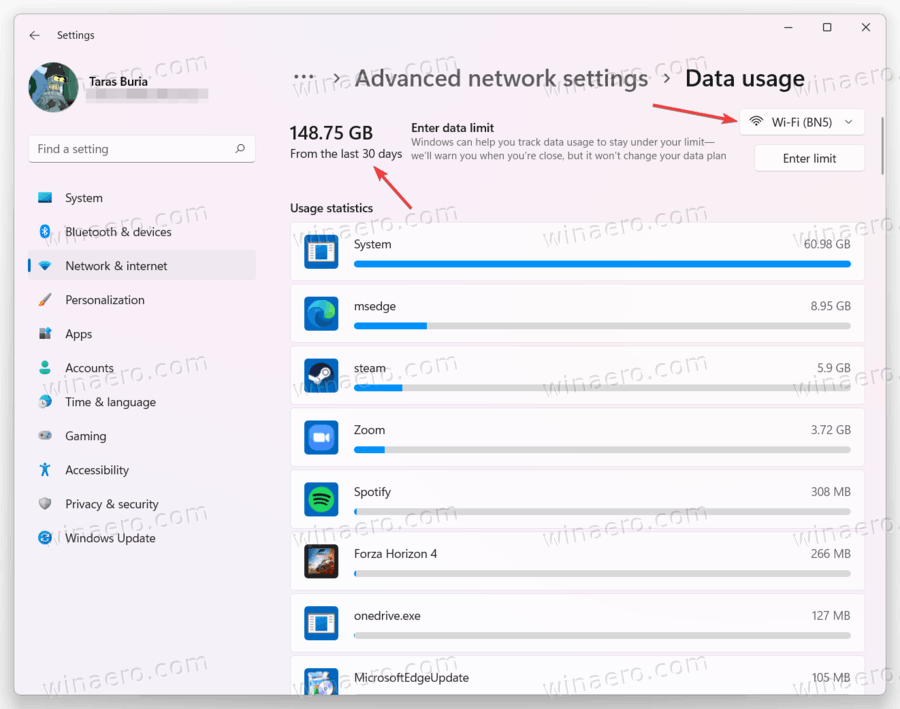 Check Network Data Usage in Windows 11