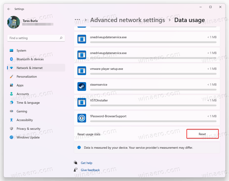 Reset Network Data Usage in Windows 11