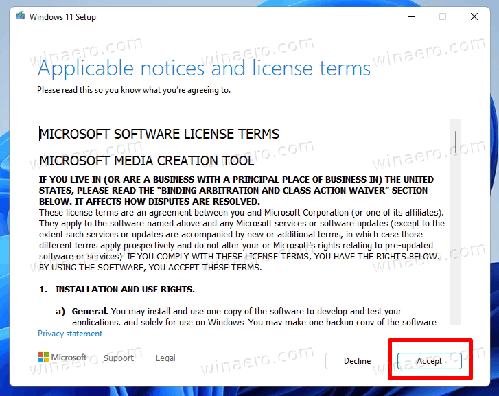 Windows 11 Media Creation Tool Accept License