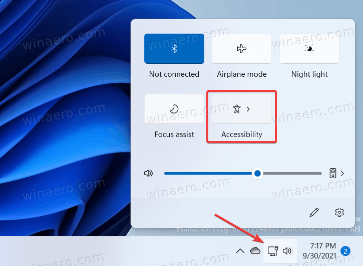 Windows 11 Quick Settings menu with Accessibility