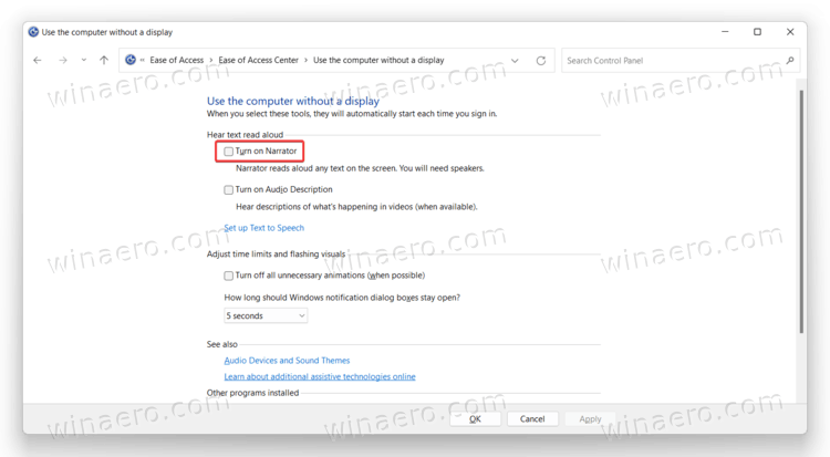 Windows 11 the Turn on Narrator option