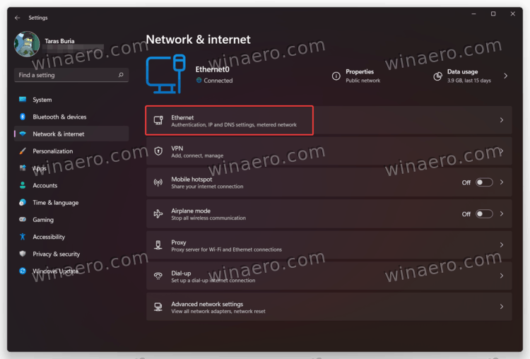Select Ethernet in Windows 11 Settings