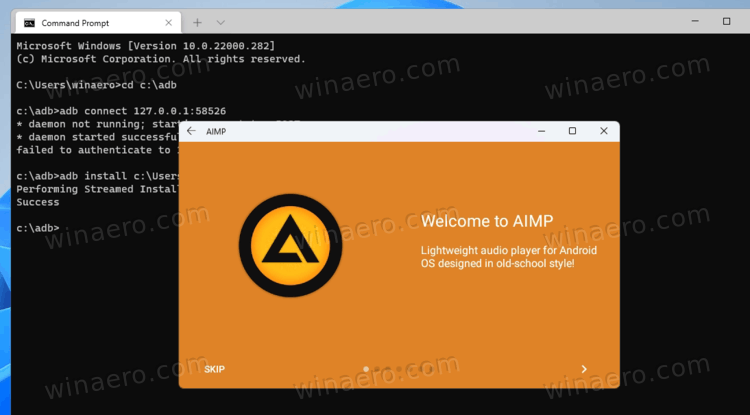 Windows Subsystem for Android running AIMP