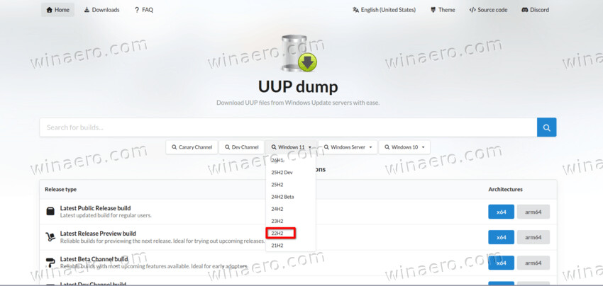Uupdump Select Desired OS Version