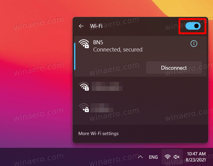 Wifi Toggle In The List Of Networks