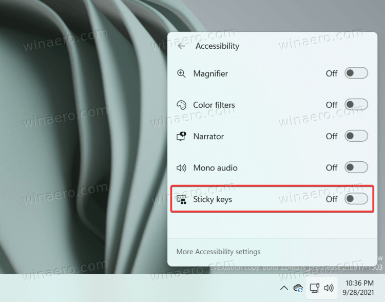 Enable or disable Sticky Keys in Windows 11 Quick Settings