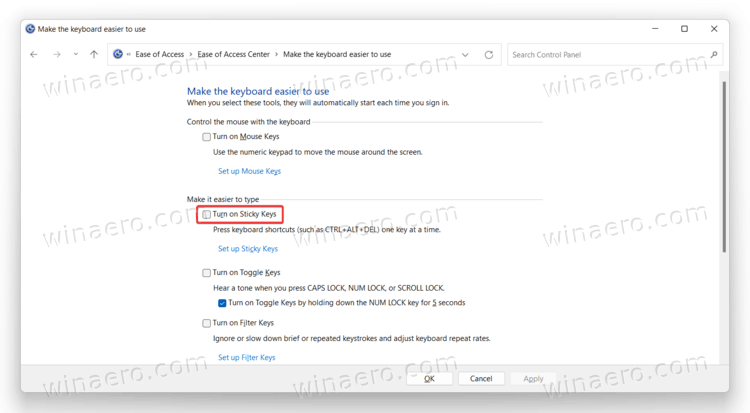 Enable or Disable Sticky Keys in Windows 11 Control Panel