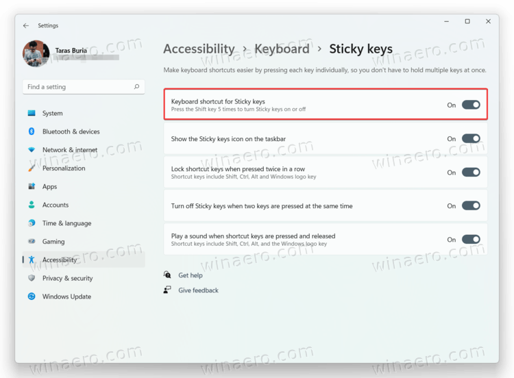 Disable Sticky Keys keyboard shortcut in Windows 11