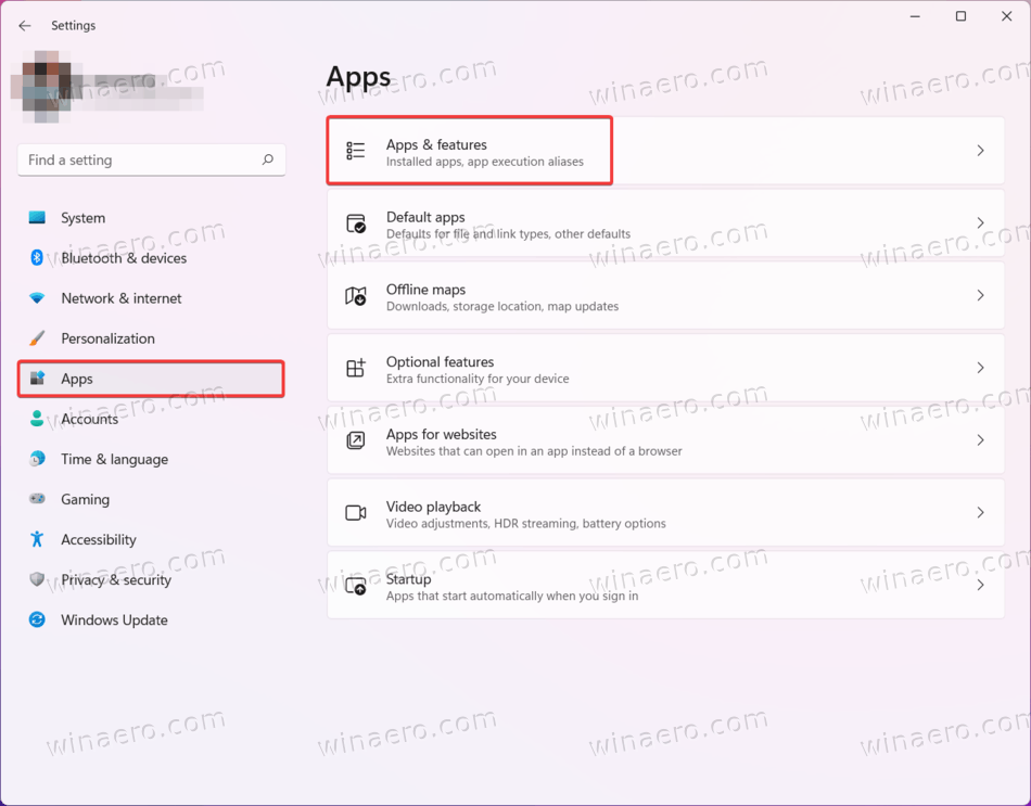 Windows 11 Settings Apps and Features section