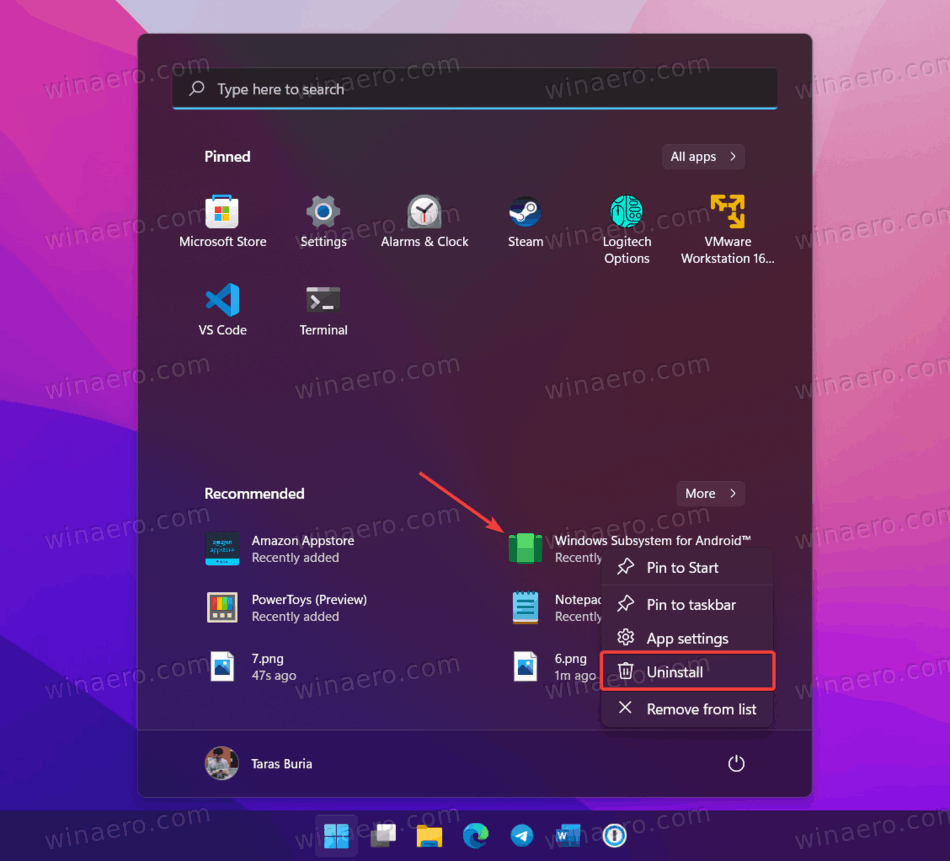 Uninstall Windows Subsystem for Android in Windows 11