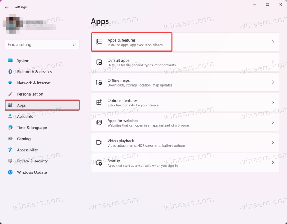 Windows 11 Apps & features in settings