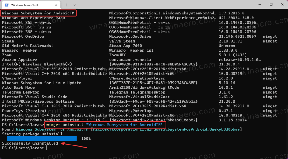 Remove Windows Subsystem for Android with winget