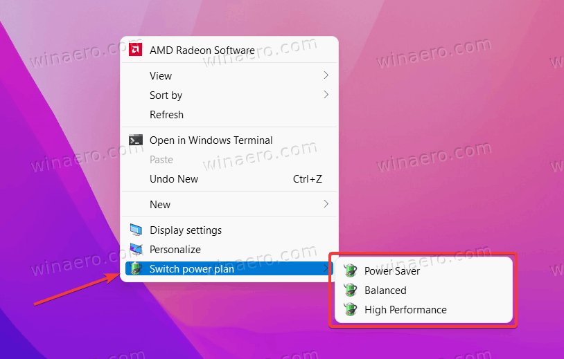 Change Power Plan from the context menu in Windows 11