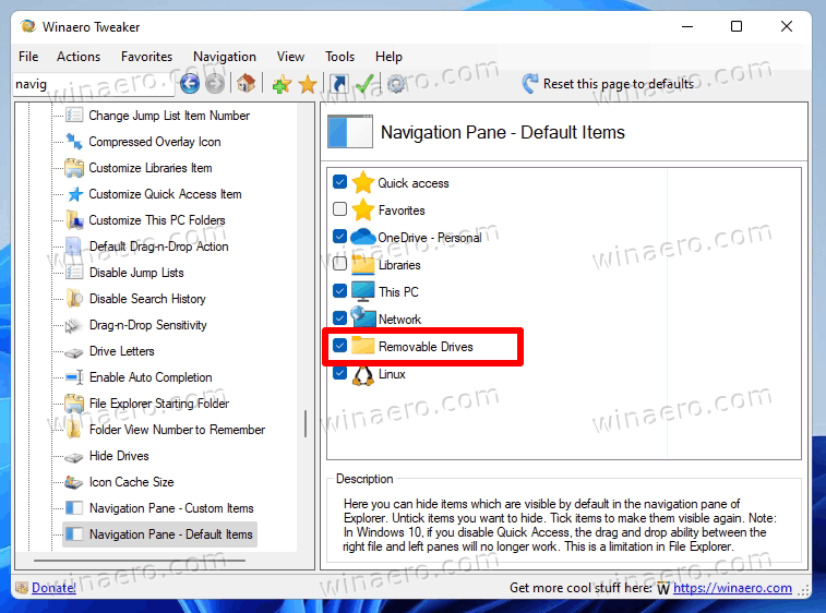 Remove Removable Drives From Navigation Pane With Winaero Tweaker