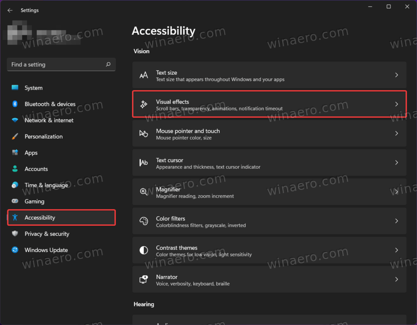 Click Accessibility > Visual effects in Settings