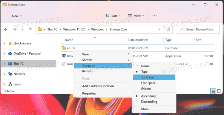 Windows 11 File Explorer has got grouping by Total Size