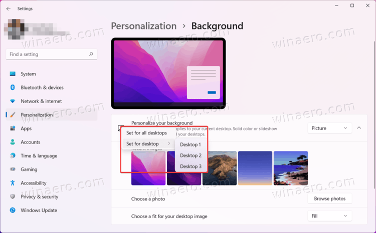 "Set for desktop" menu instead of "Set for monitor."