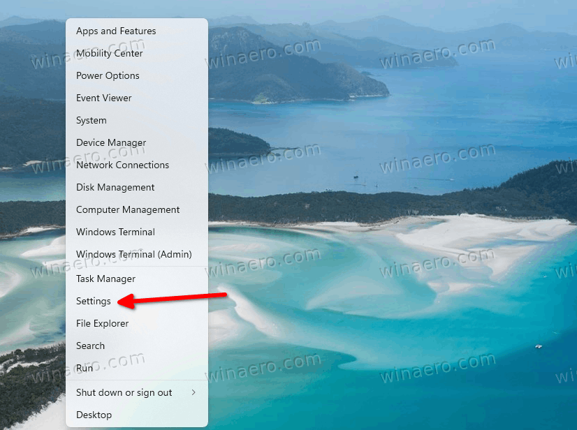 Select Settings from the Start Button Context Menu