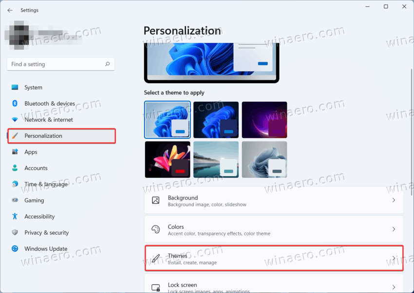 Click on Personalization > Themes in Settings