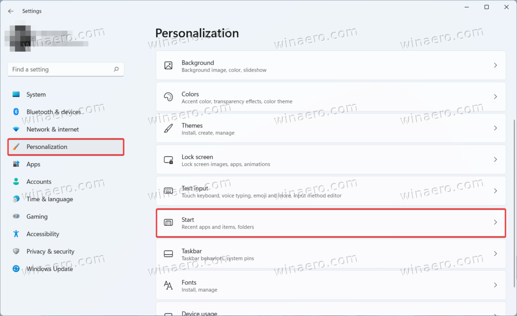 The Personalization > Start section