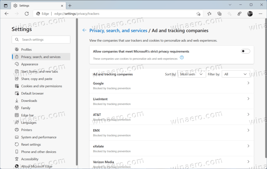 The Ad Tracking Companies Section In Microsoft Edge 2