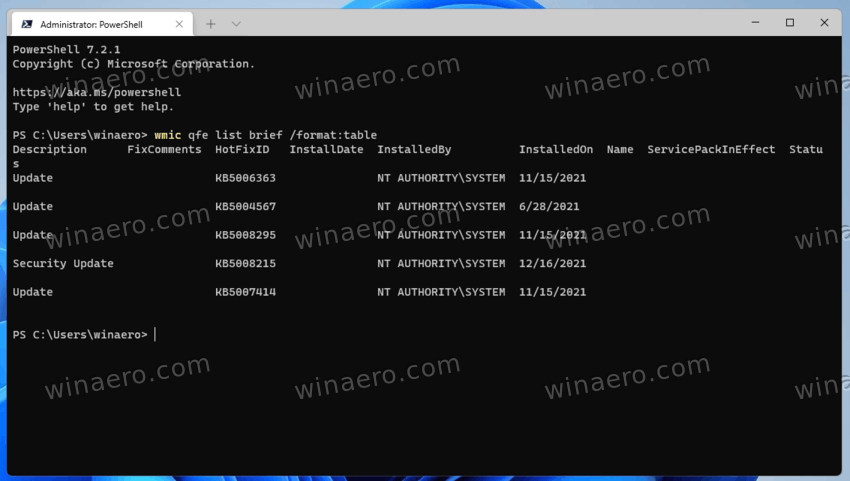 List installed updates in Windows Terminal