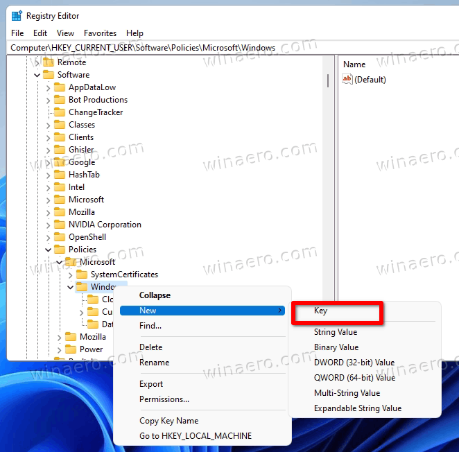 Create new key under the Windows folder