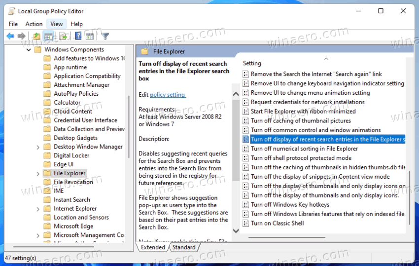 The Turn off display of recent search entries in the File Explorer search box policy