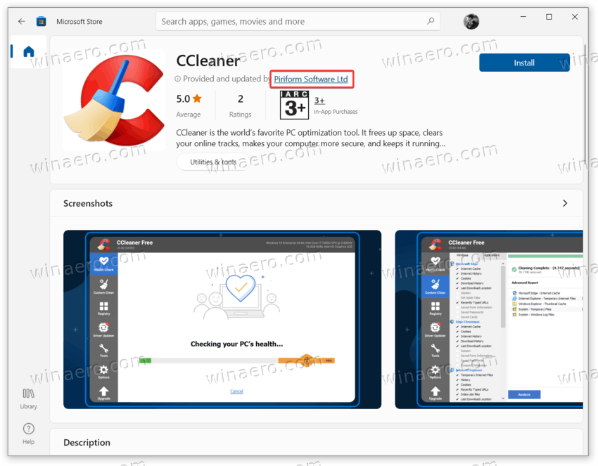 CCleaner In Microsoft Store