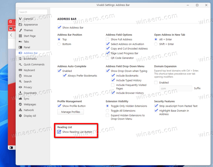 Vivaldi 5.1 Enable Reading List
