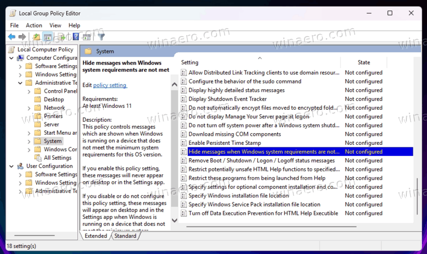 Hide messages when Windows system requirements are not met