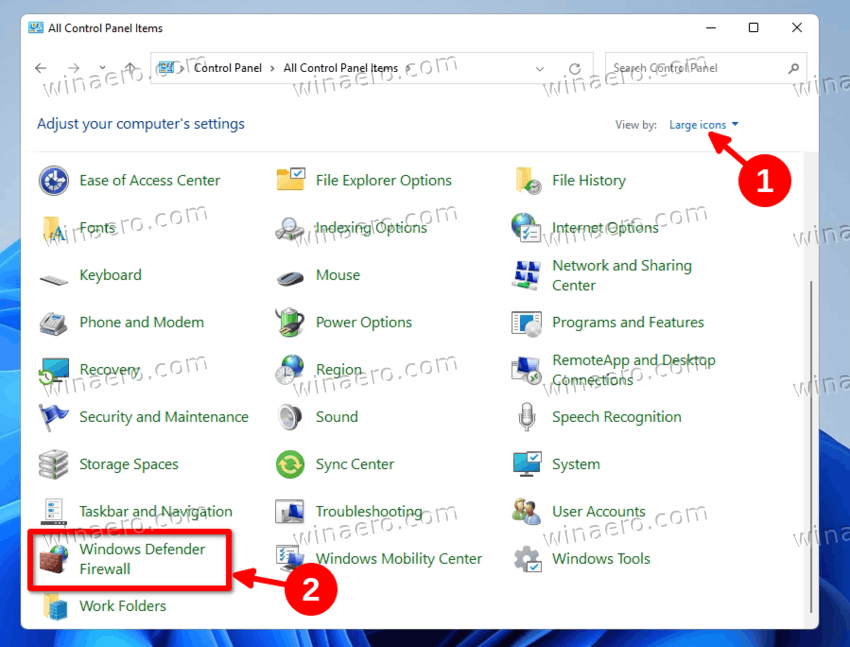 Click the the Windows Defender Firewall icon
