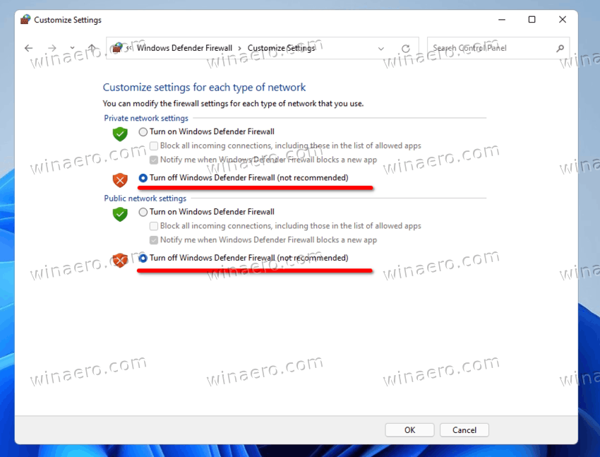 Disable Firewall in Windows 11 Control Panel