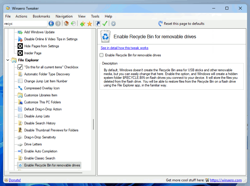 Recycle Bin For Removable Drives Option In Winaero Tweaker